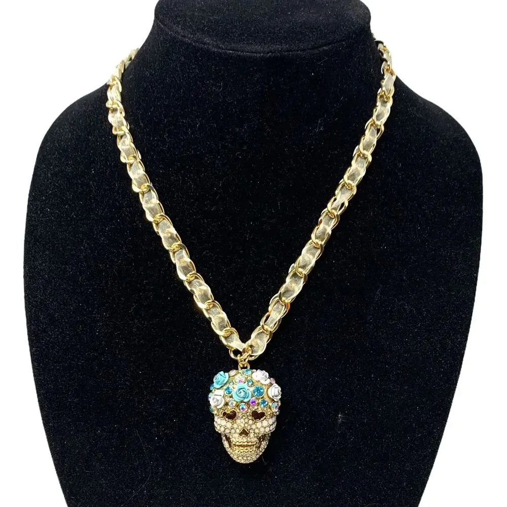 Betsey Johnson Sugar Skull Crystal Pendant Necklace w/ White Ribbon Chain  NEW